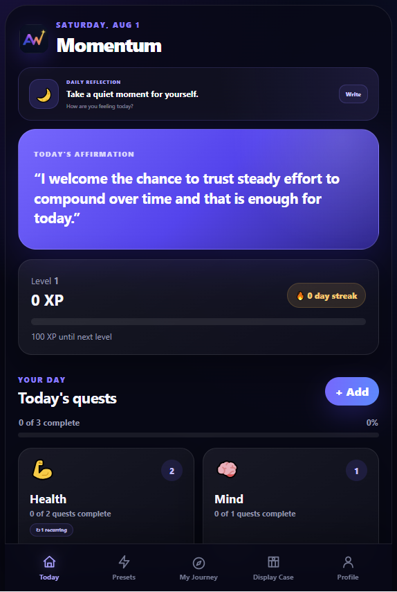 Momentum Today screen showing Daily Reflection, today's affirmation, XP, streak, quests, Repeat status, and the current bottom navigation